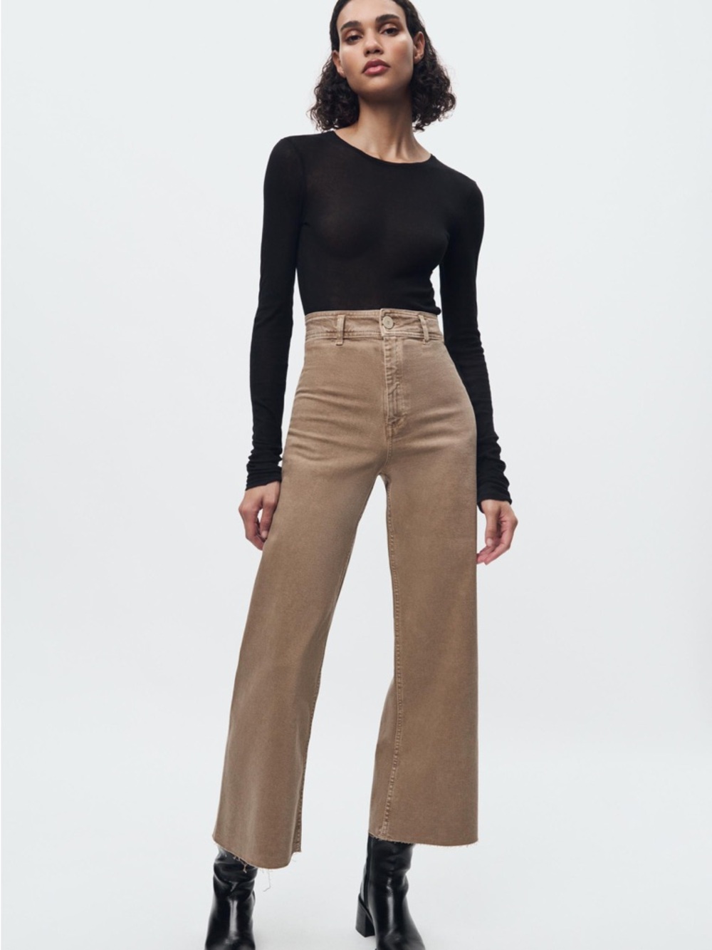 Zara Blue Denim High Waist Marine Sailor Flare Wide-Leg Jeans Size 4 Tan Brown